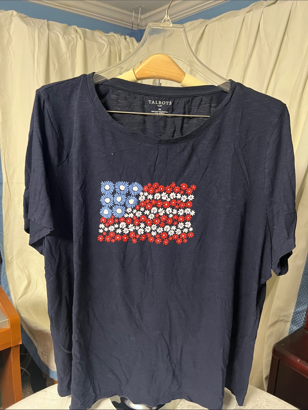 Talbots 3X Navy Floral Flag Short Sleeve Tee